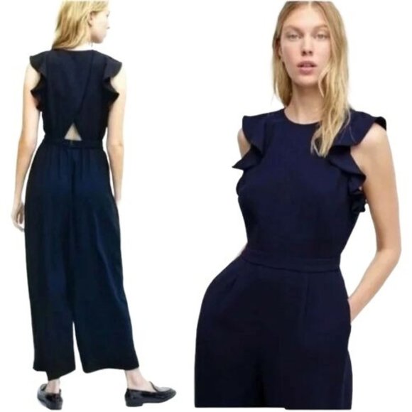 J. Crew Pants - J. Crew NWOT Navy Blue Sleeveless Ruffled Detail Crew Neck Crepe Jumpsuit Size 2